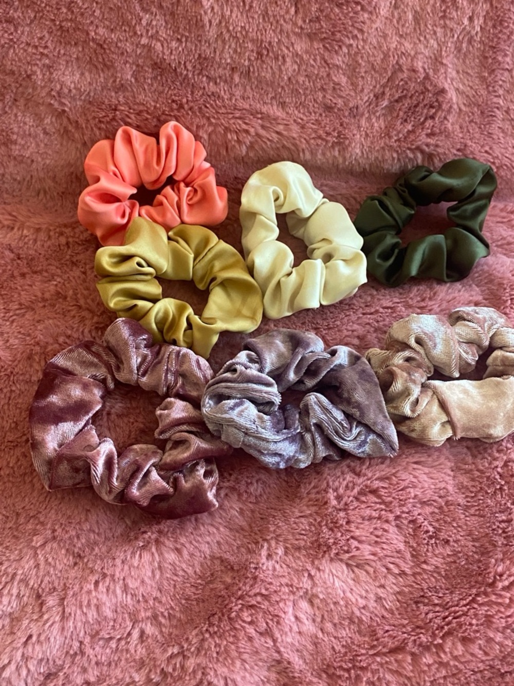 Set of 7 Satin & Velvet Hair Scrunchies - Coral, Olive, Cream, Gold, Mauve